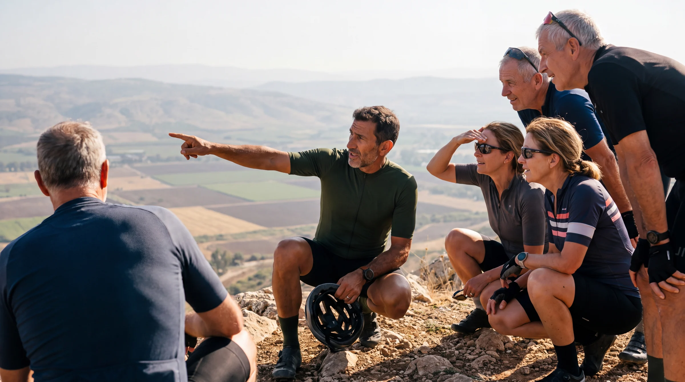 יואב כורע ומסמן את קו המסלול בנוף מול קבוצת רוכבים
